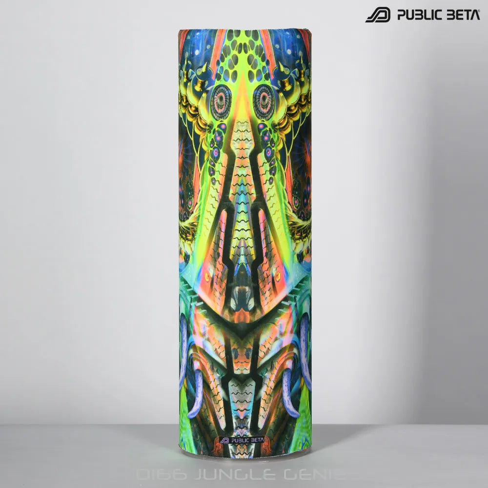 Tube scarf with UV-reactive futuristic graphics, photographed in natural light
