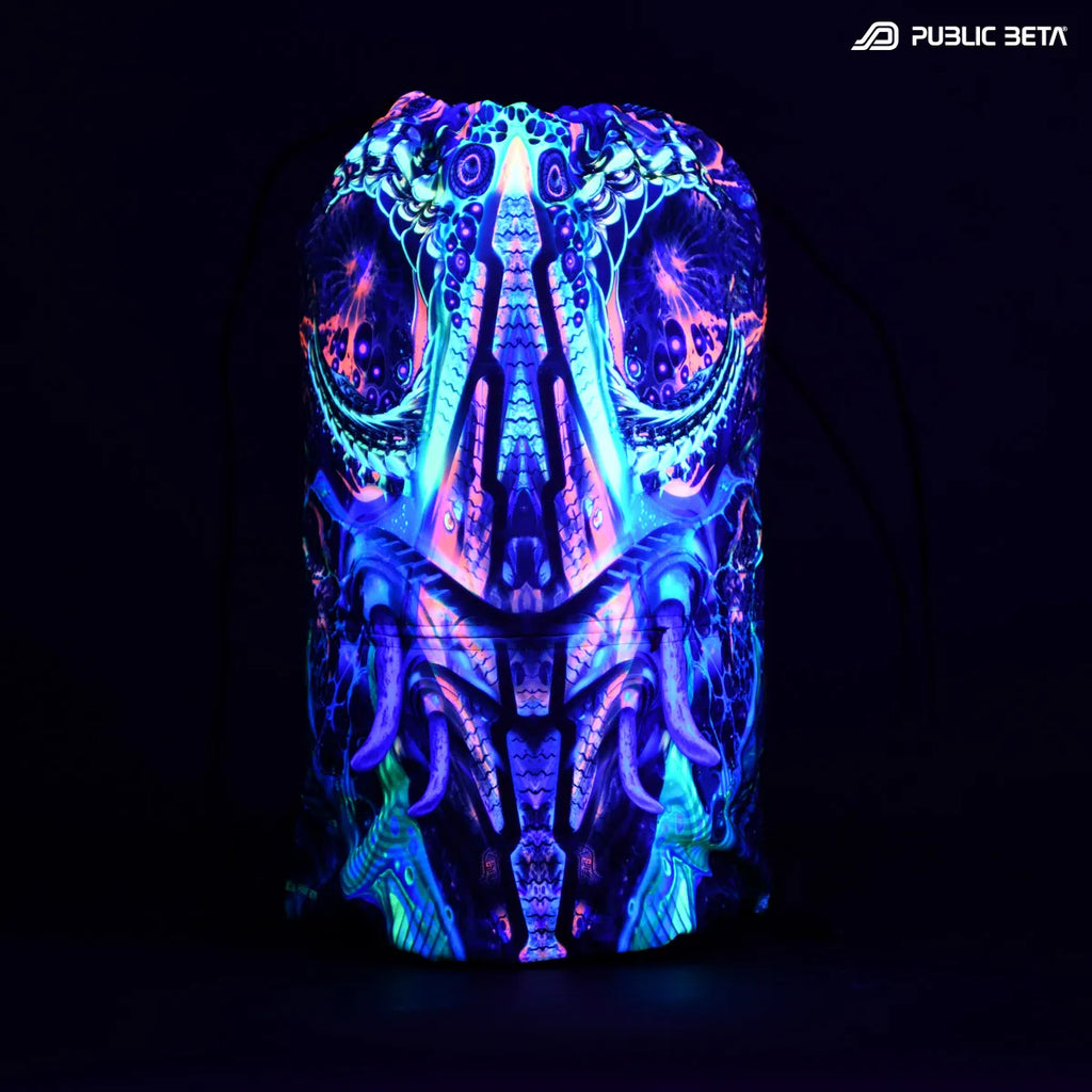 Drawstring bag with uv reactive psychedelic art print glowing under blacklight