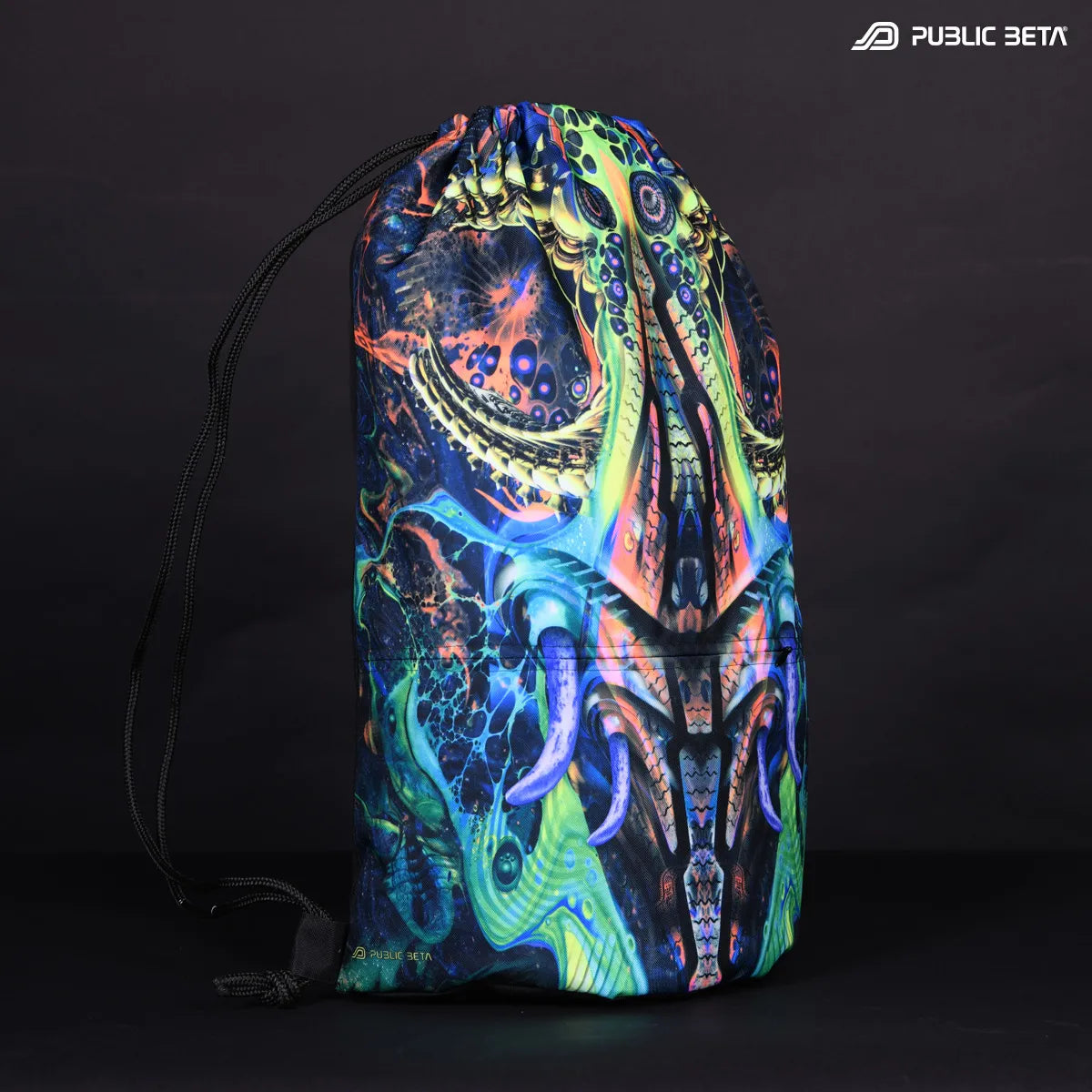 Drawstring bag with uv reactive psychedelic art print