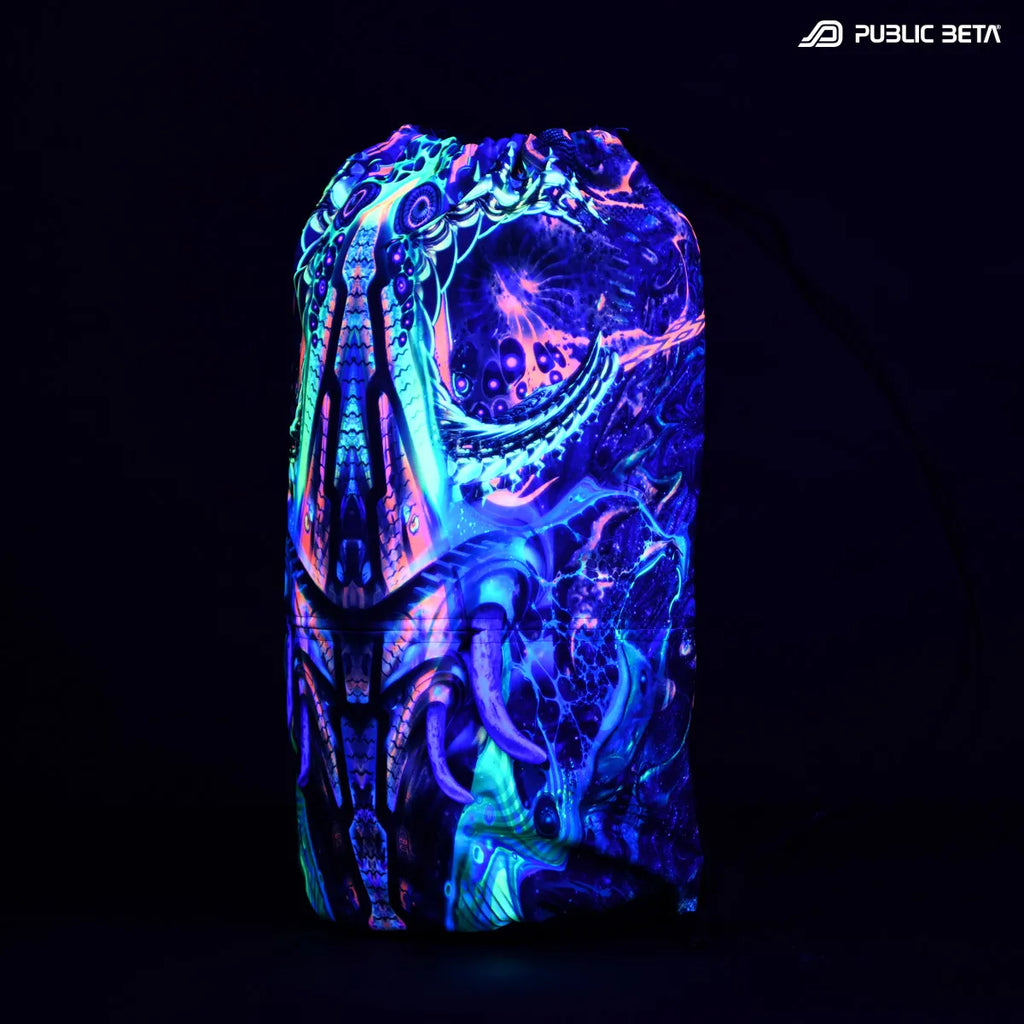 Drawstring bag with uv reactive psychedelic art print glowing under blacklight