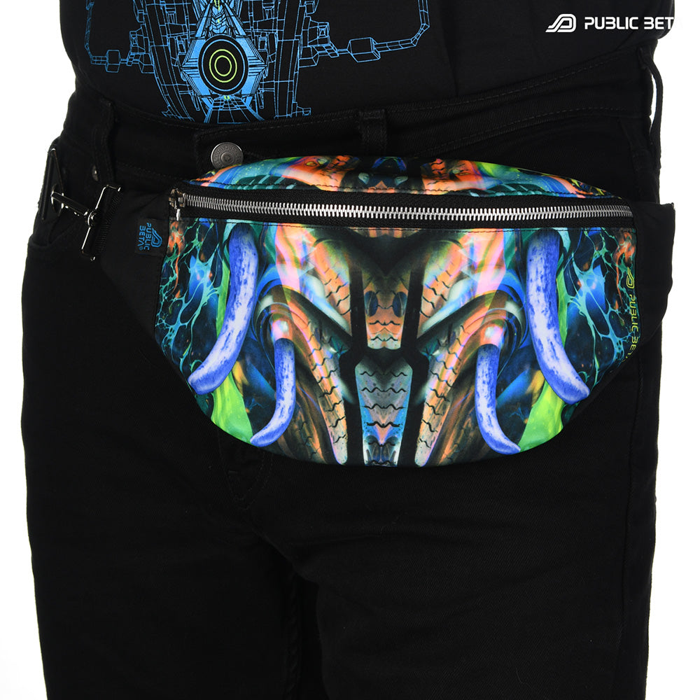 Bum bag with colorful psychedelic jungle tentacle print, photographed in natural light