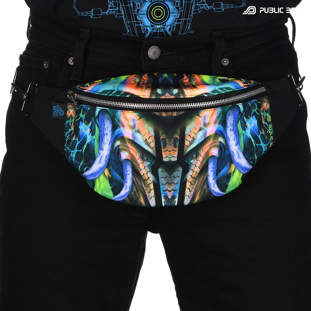 Bum bag with colorful psychedelic jungle tentacle print, photographed in natural light