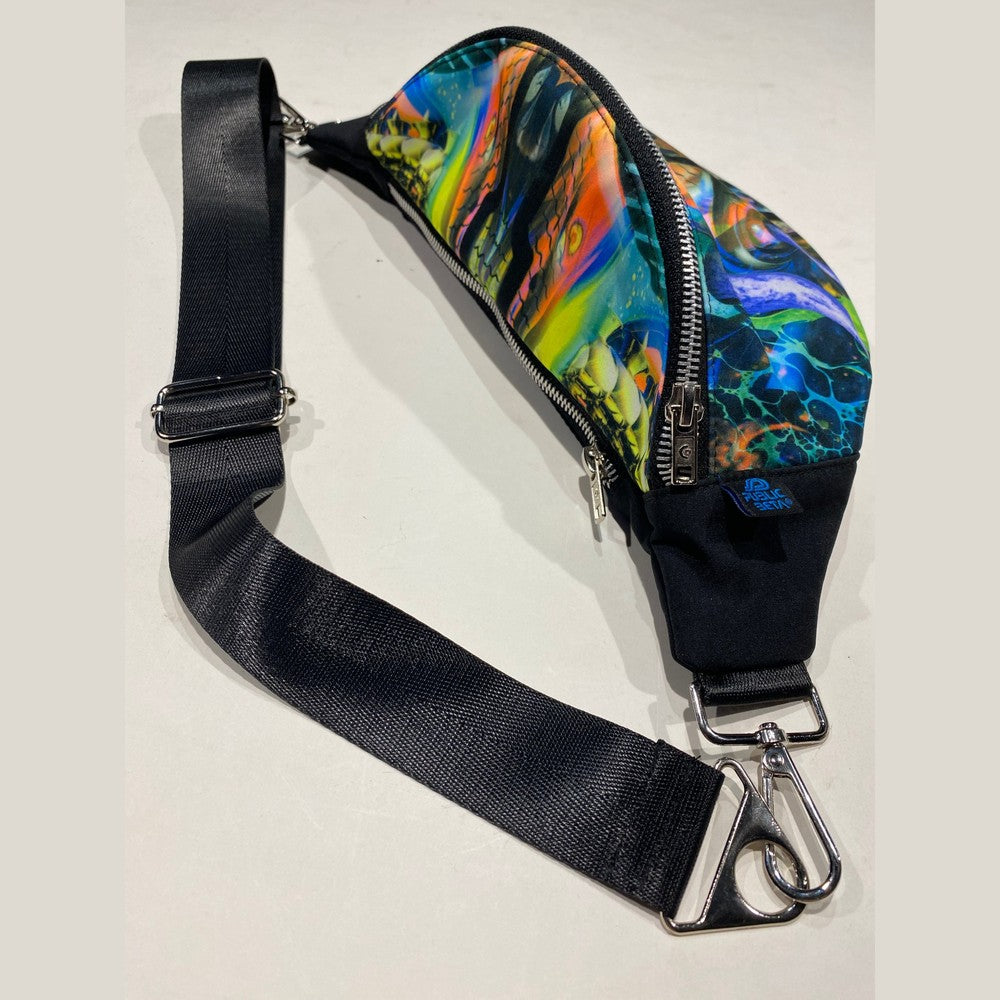Jungle Genie bum bag with detachable adjustable strap, metal zippers and carabiner clips