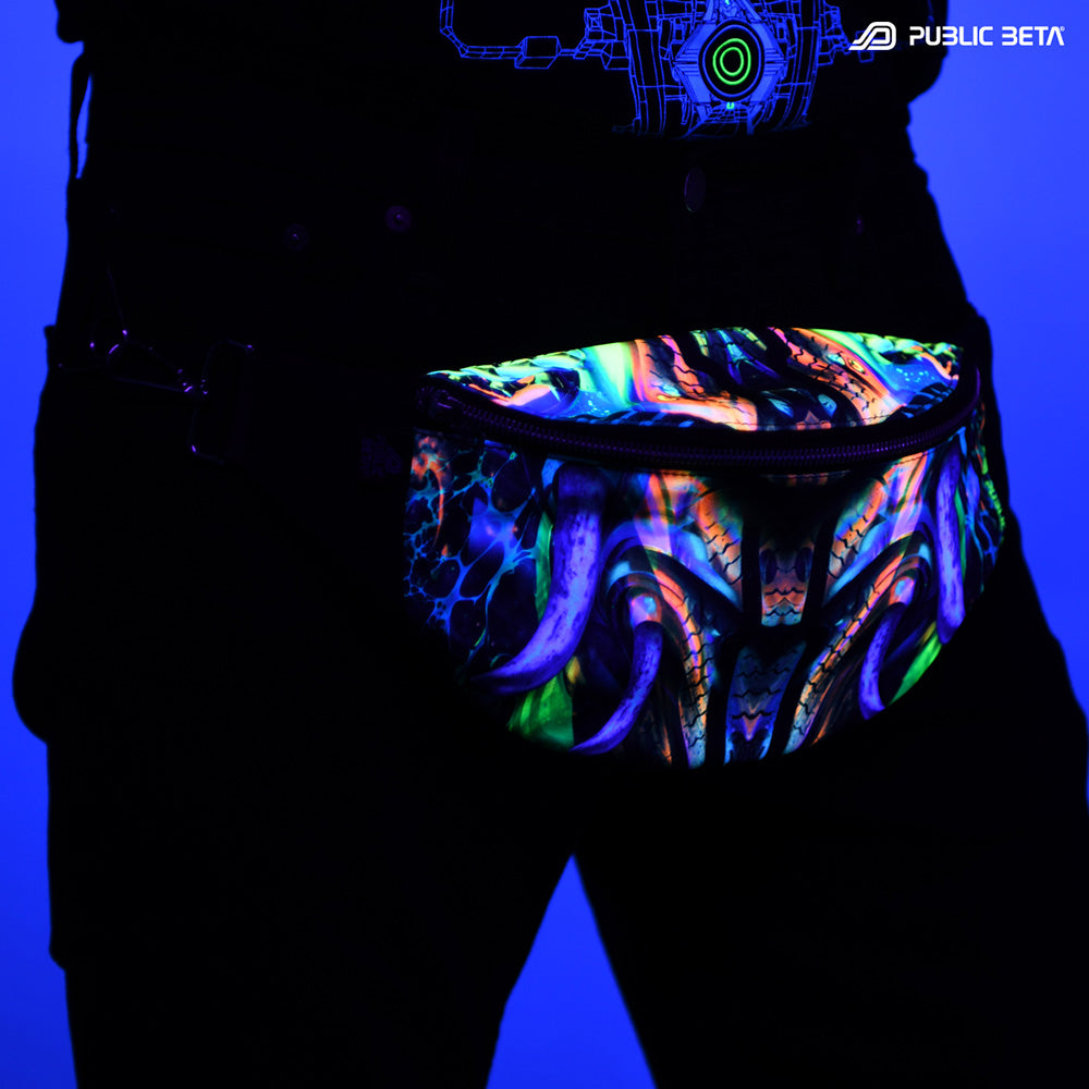 Bum bag with colorful psychedelic jungle tentacle print glowing under blacklight