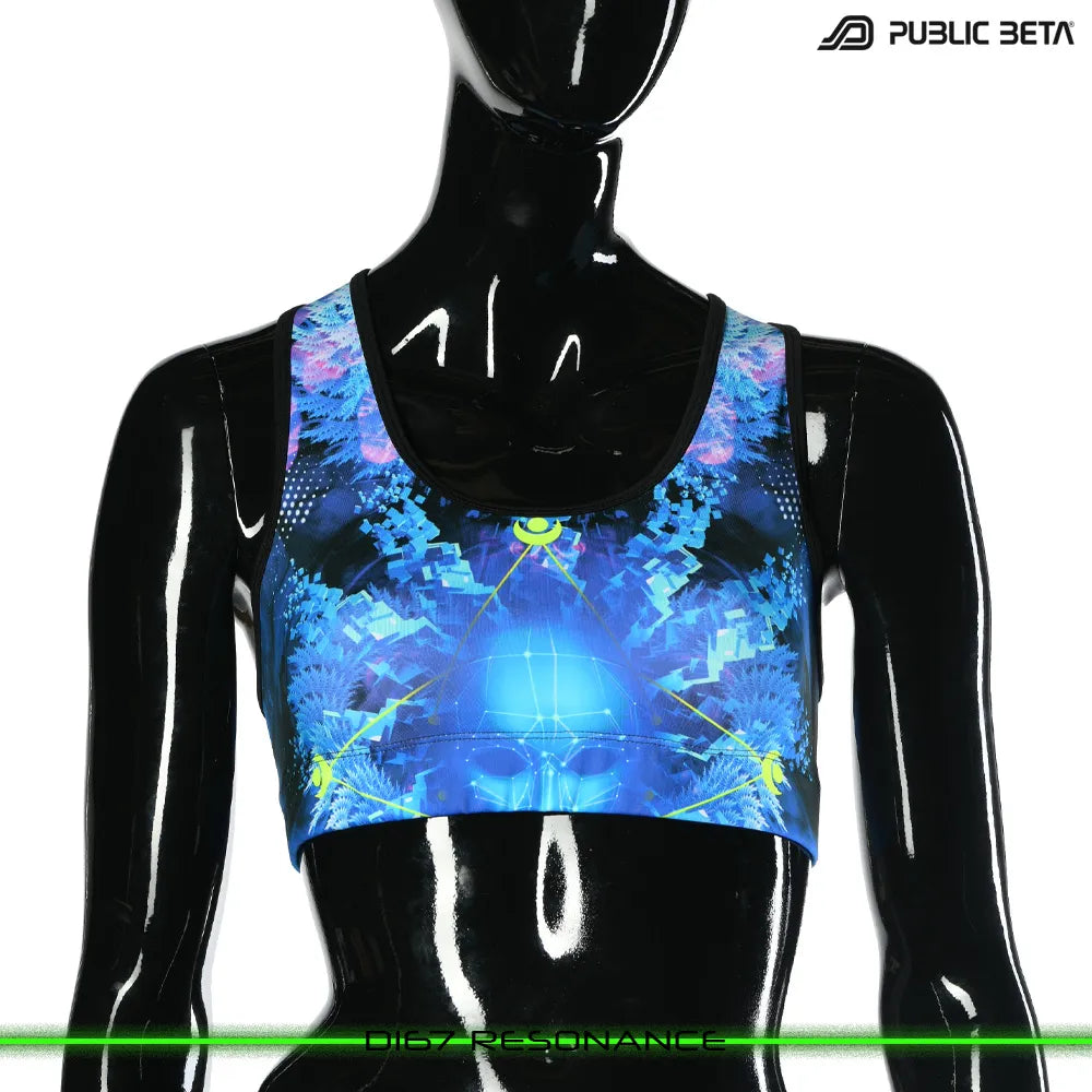 Active top with UV-reactive printed graphics, photographed in natural light