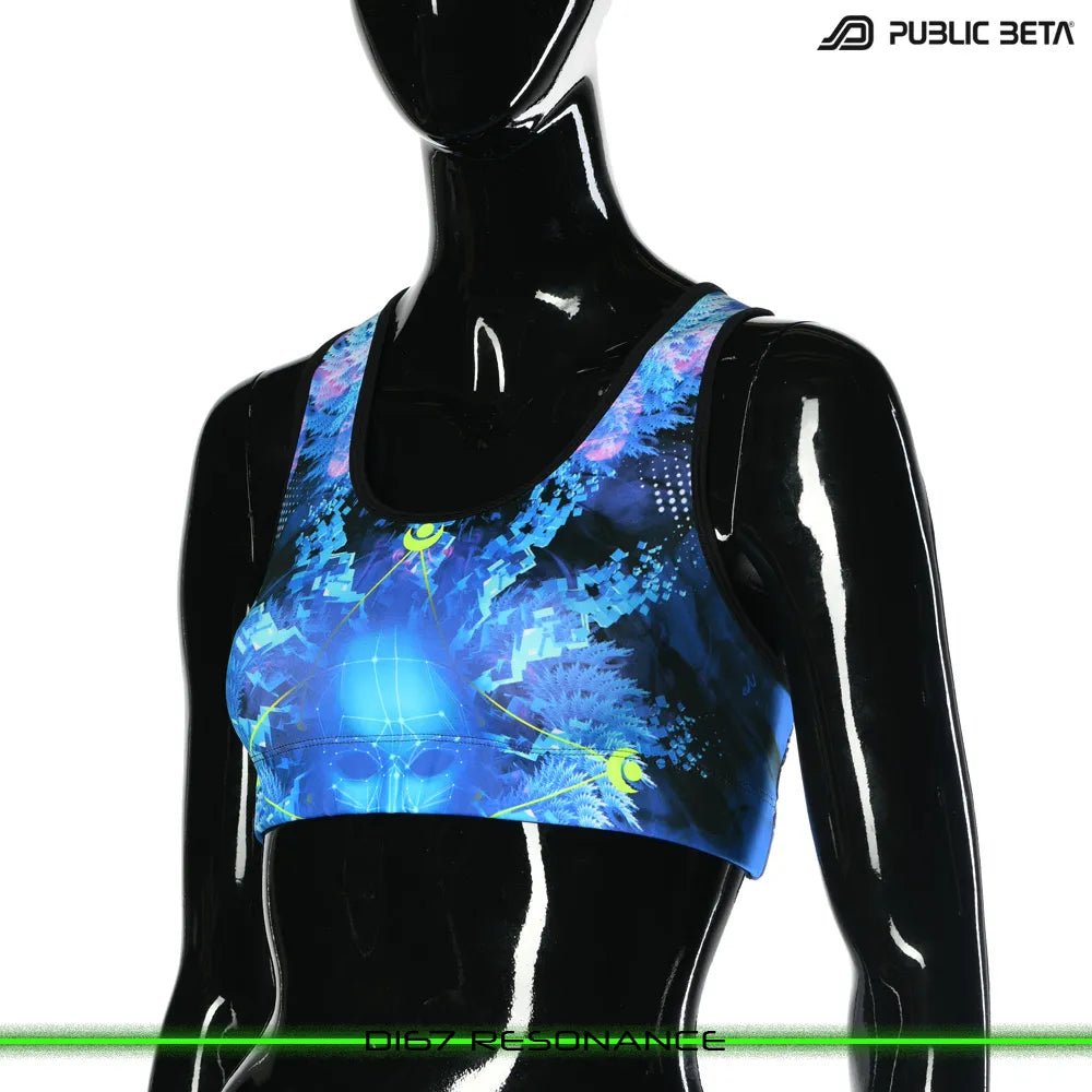 Active top with UV-reactive printed graphics, photographed in natural light