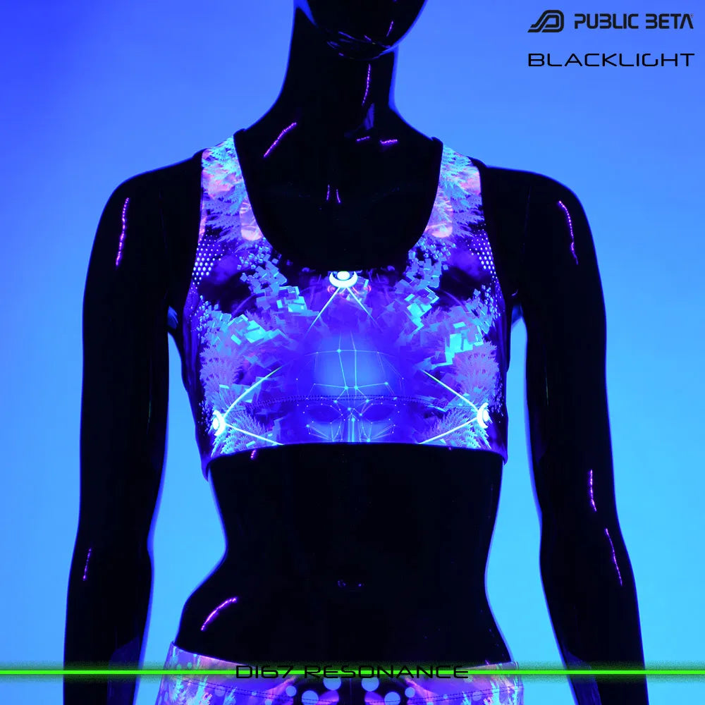 Active top with UV-reactive psychedelic print glowing under blacklight