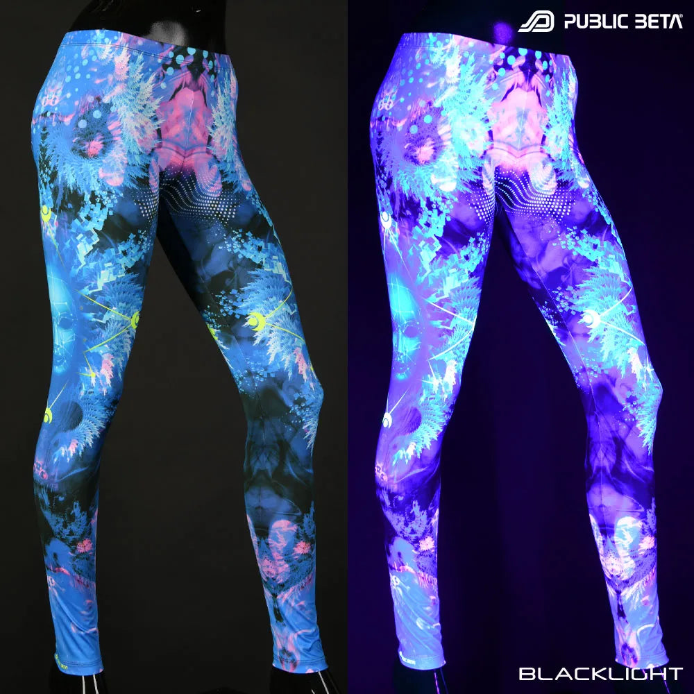 Split image of leggings with uv-reactive psychedelic art print shown in natural light and glowing under blacklight