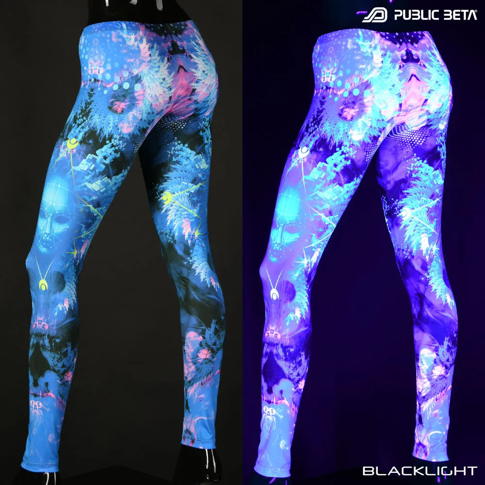 Split image of leggings with uv-reactive psychedelic art print shown in natural light and glowing under blacklight