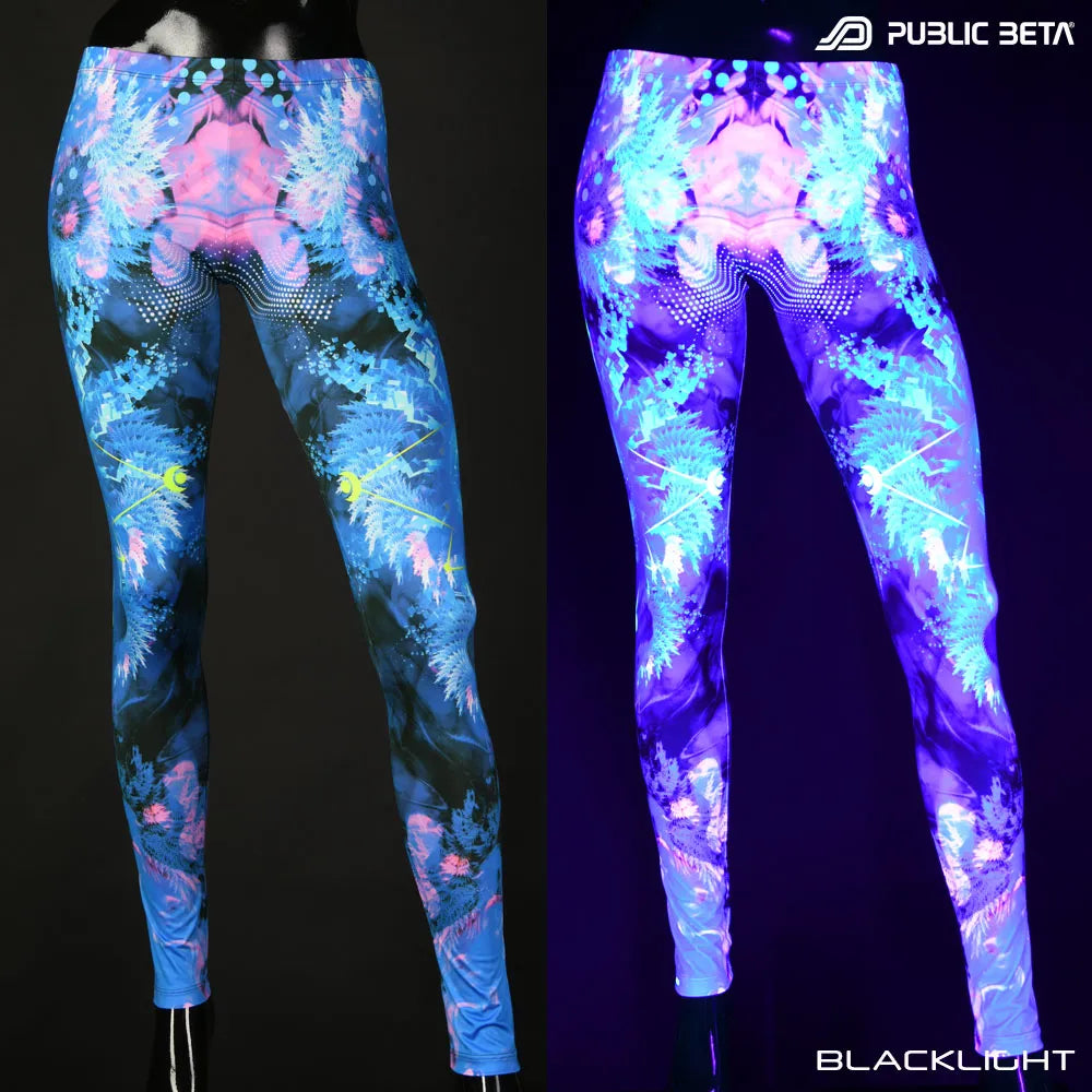 Split image of leggings with uv-reactive psychedelic art print shown in natural light and glowing under blacklight