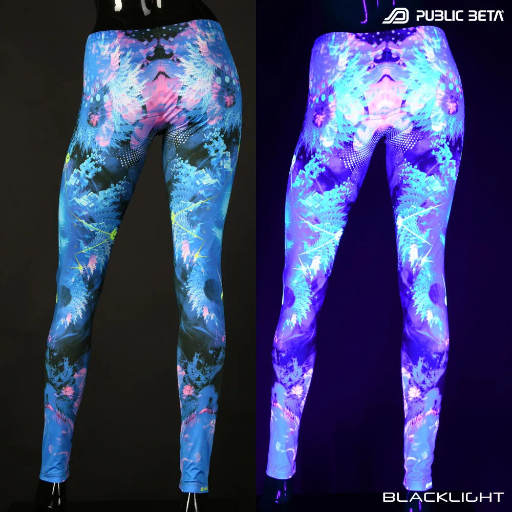 Split image of leggings with uv-reactive psychedelic art print shown in natural light and glowing under blacklight