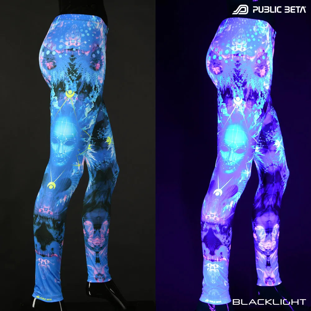 Split image of leggings with uv-reactive psychedelic art print shown in natural light and glowing under blacklight