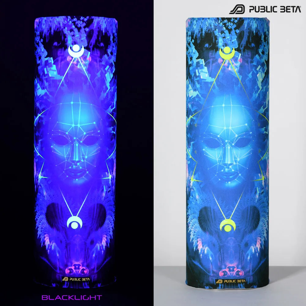 Split image of a tube scarf with uv-reactive graphics shown in natural light and glowing under blacklight