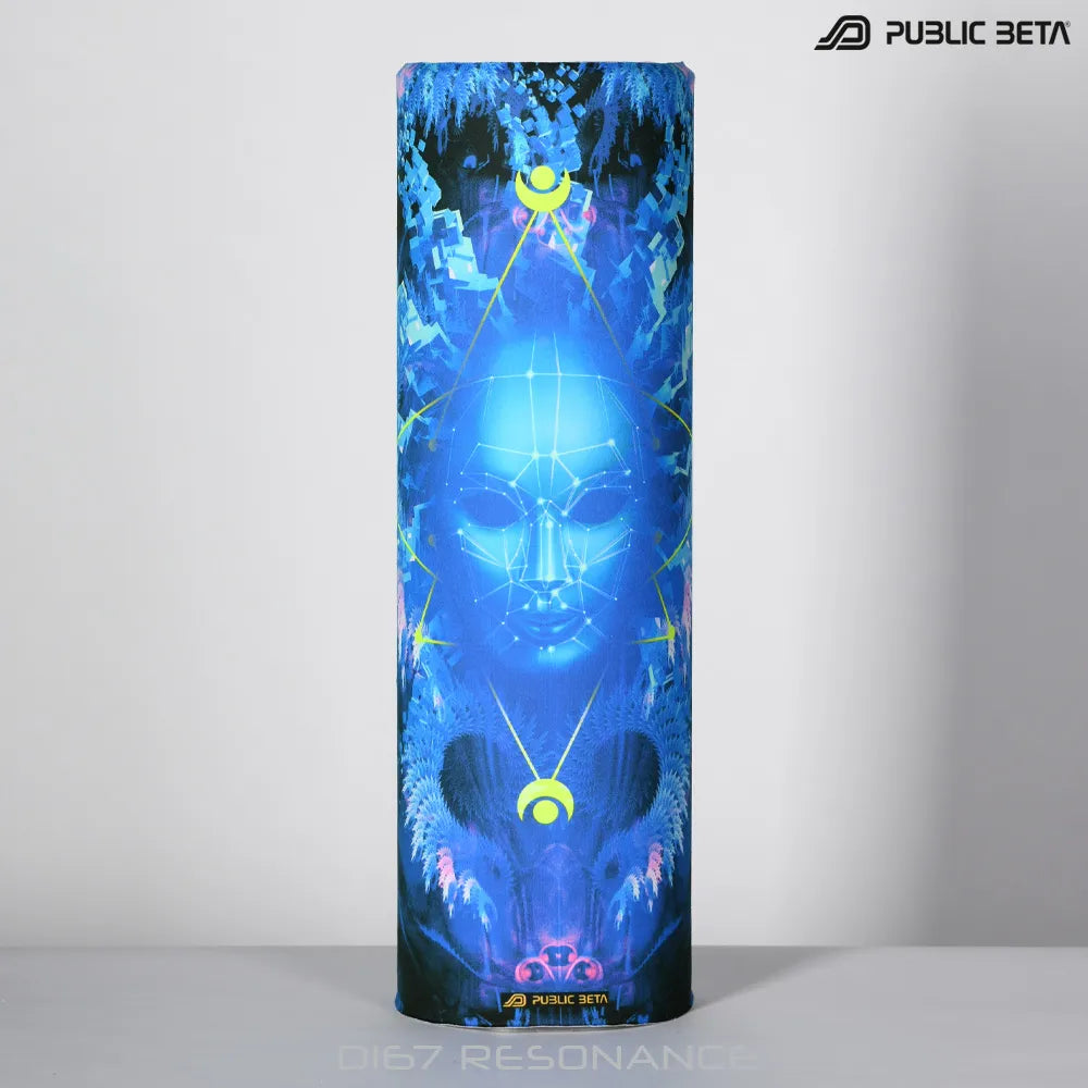 Tube scarf with UV-reactive futuristic graphics, photographed in natural light
