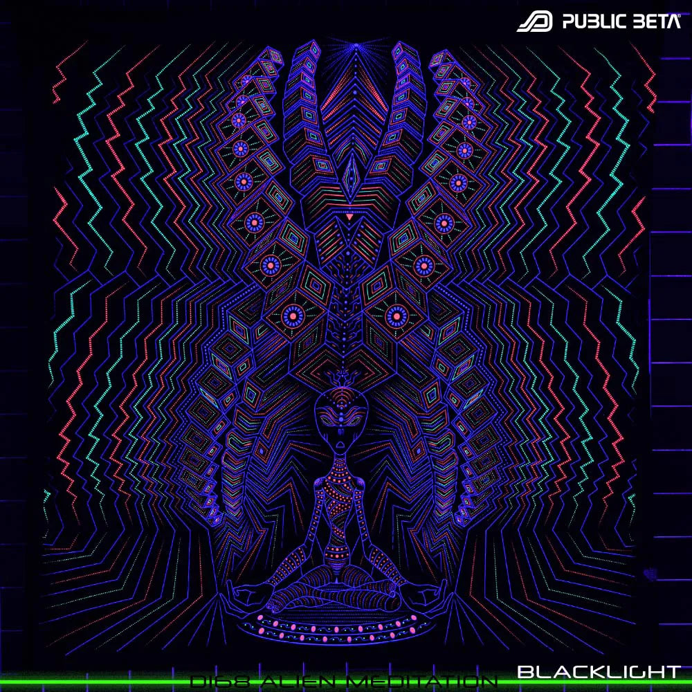 Wallhanging with UV-reactive visionary print glowing under blacklight