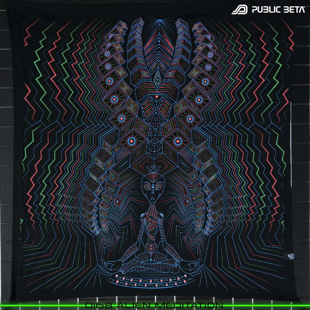 Wallhanging with UV-reactive visionary print glowing under blacklight