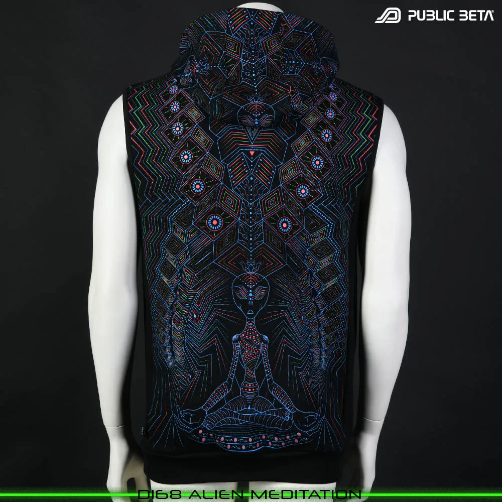 Vest with UV-reactive futuristic print glowing under blacklight