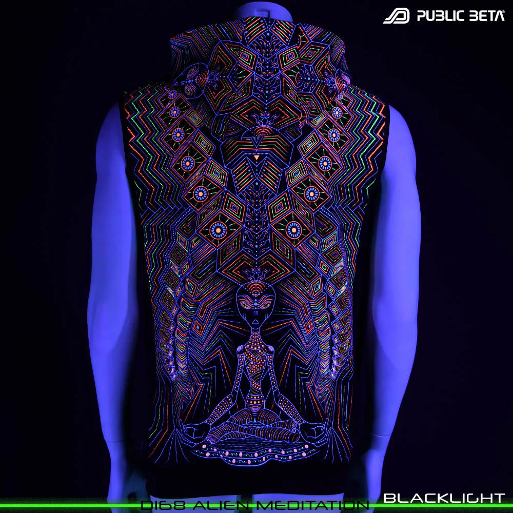 Vest with UV-reactive futuristic print glowing under blacklight
