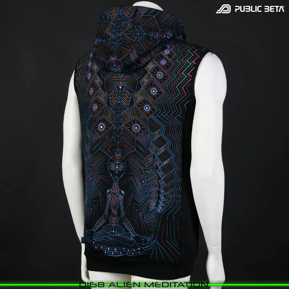 Vest with UV-reactive futuristic print glowing under blacklight