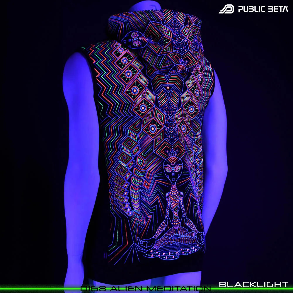 Vest with UV-reactive futuristic print glowing under blacklight