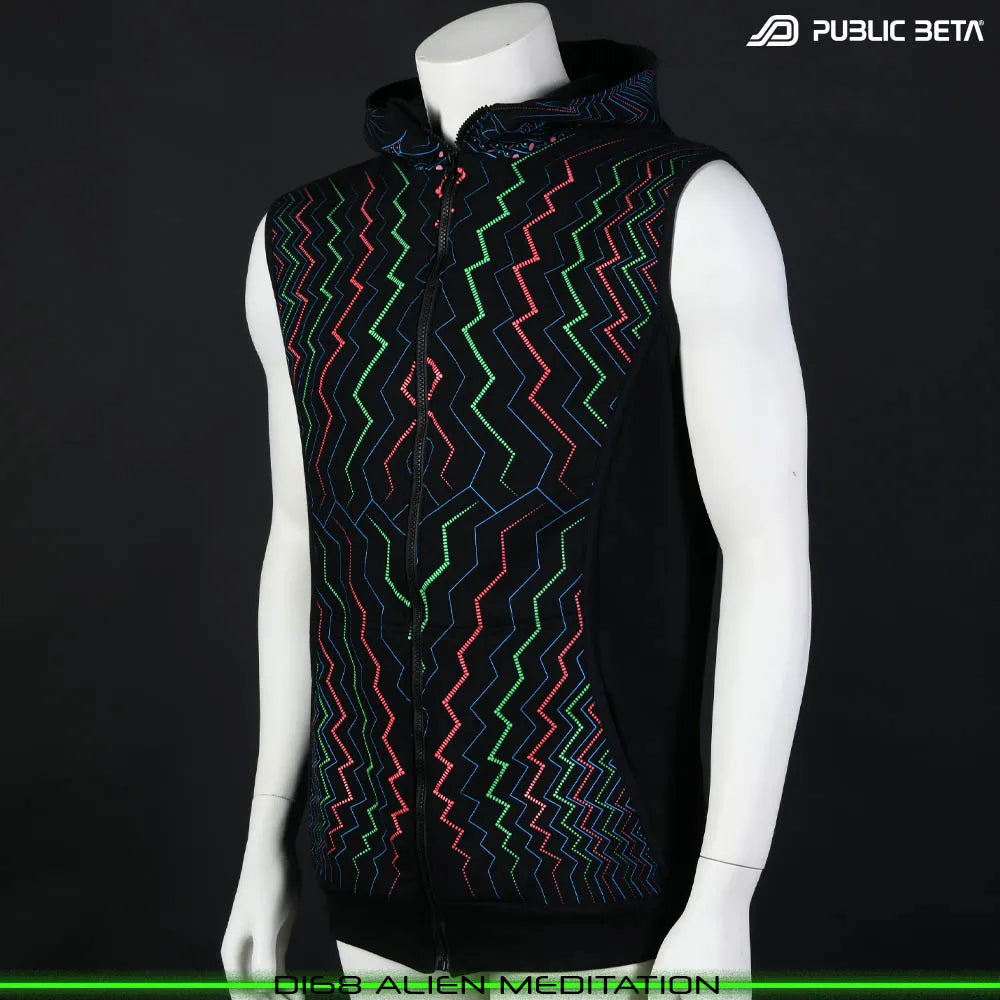 Vest with UV-reactive futuristic print glowing under blacklight