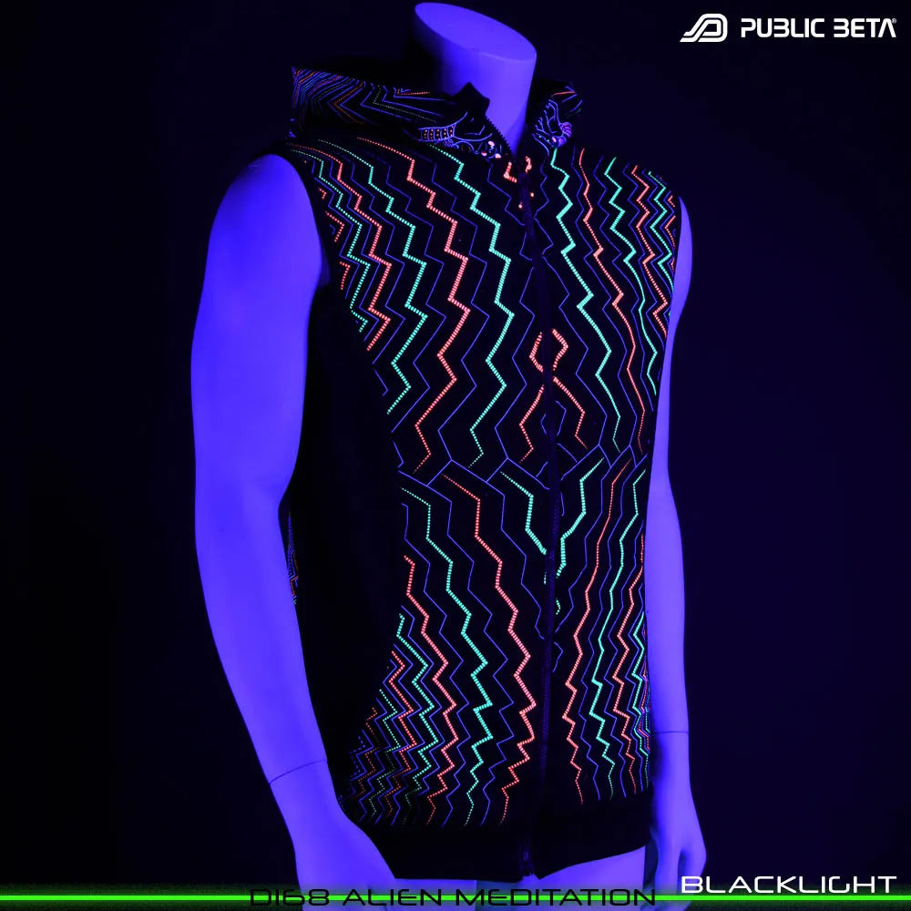 Vest with UV-reactive futuristic print glowing under blacklight