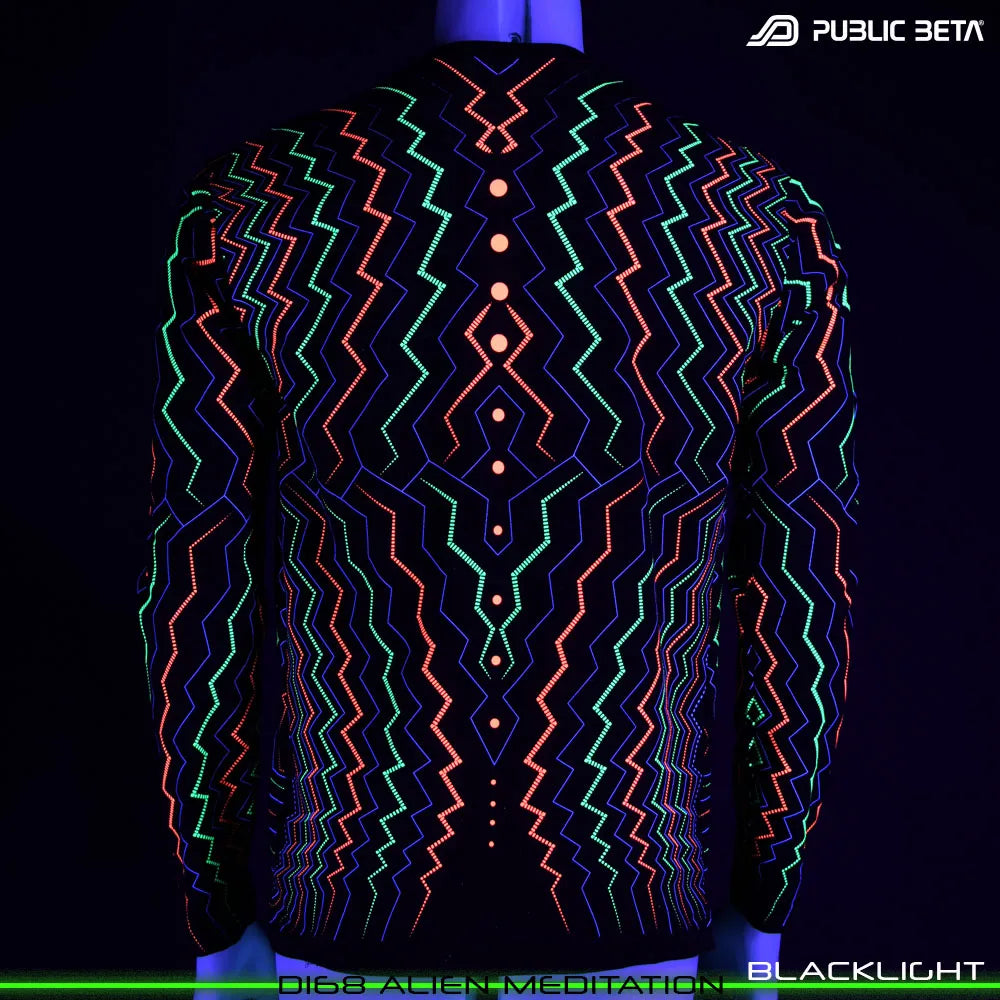 Longsleeve shirt with UV-reactive futuristic print glowing under blacklight