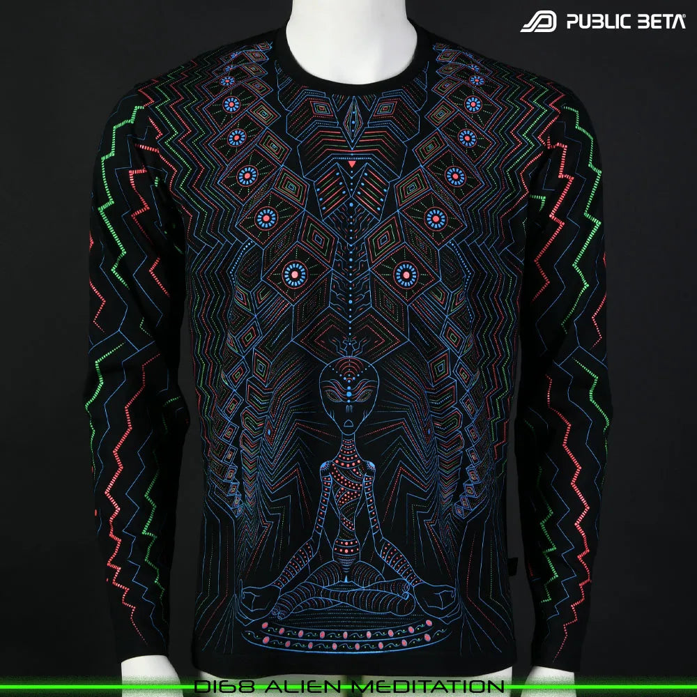 Longsleeve with geometric UV-reactive graphics, photographed in natural light