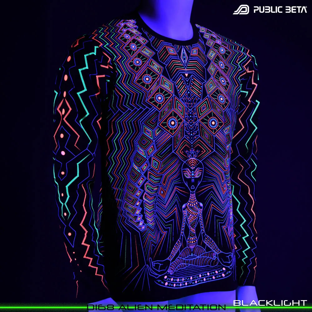 Longsleeve shirt with UV-reactive futuristic print glowing under blacklight