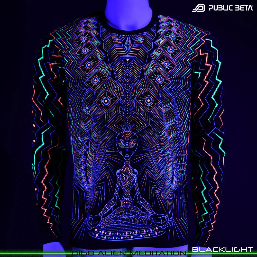 Longsleeve shirt with UV-reactive futuristic print glowing under blacklight