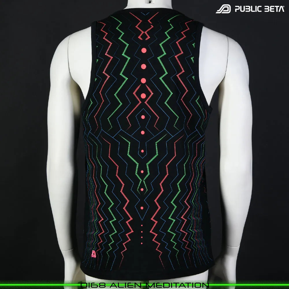 Sleeveless Shirt with UV-reactive psychedelic art print, photographed in natural light
