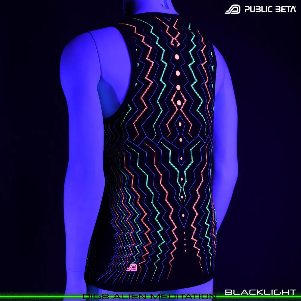 Sleeveless shirt with UV-reactive psychedelic print glowing under blackligh