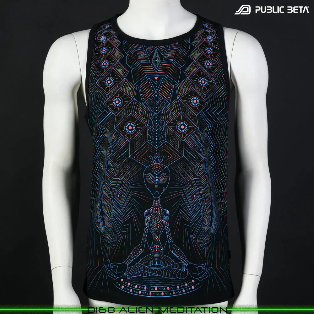 Sleeveless Shirt with UV-reactive psychedelic art print, photographed in natural light