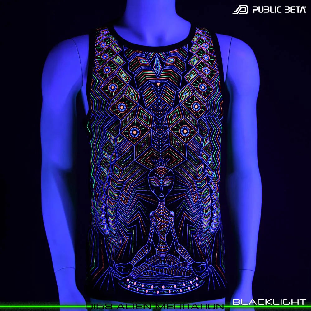 Sleeveless shirt with UV-reactive psychedelic print glowing under blacklight