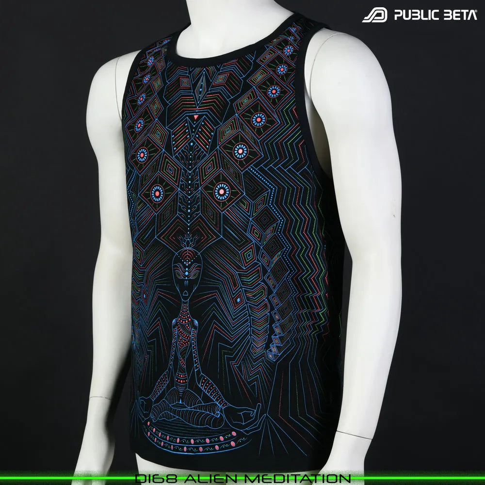 Sleeveless Shirt with UV-reactive psychedelic art print, photographed in natural light