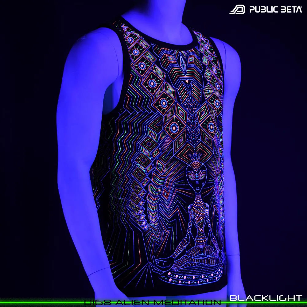 Sleeveless shirt with UV-reactive psychedelic print glowing under blackligh