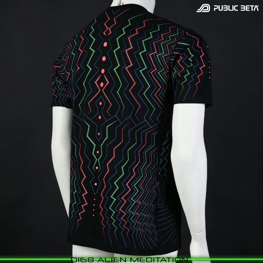 T-shirt with UV-reactive psychedelic art print, photographed in natural light