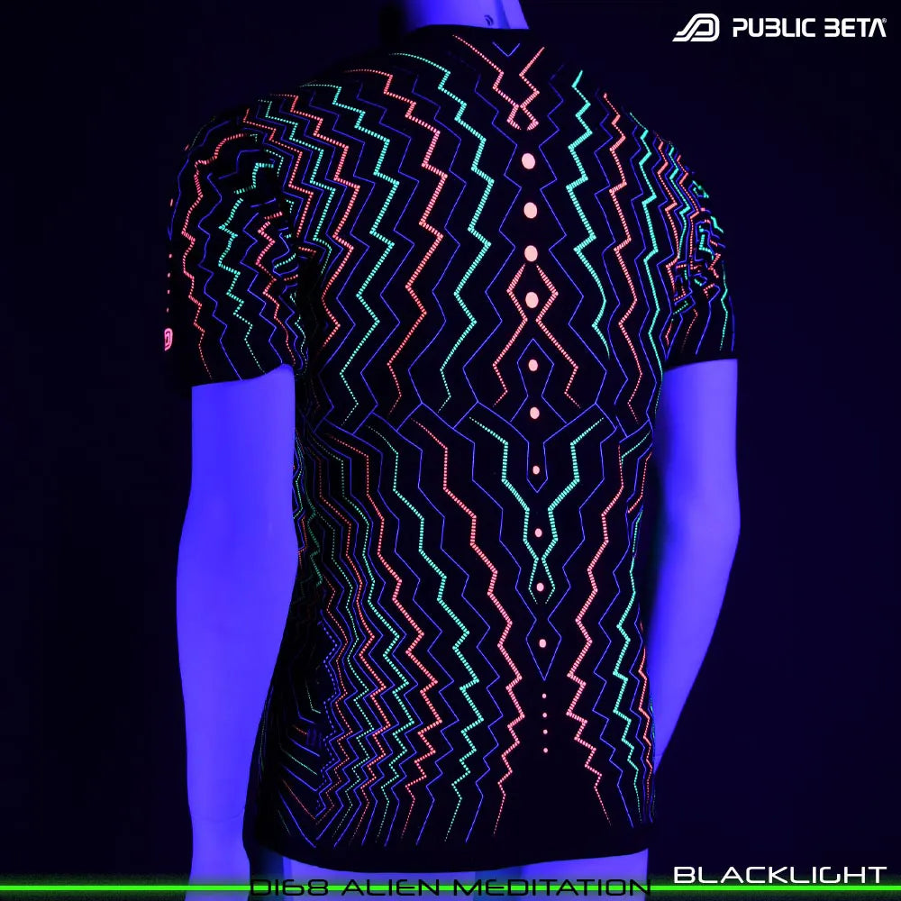 back of a T-shirt with UV-reactive psychedelic art print glowing under blacklight
