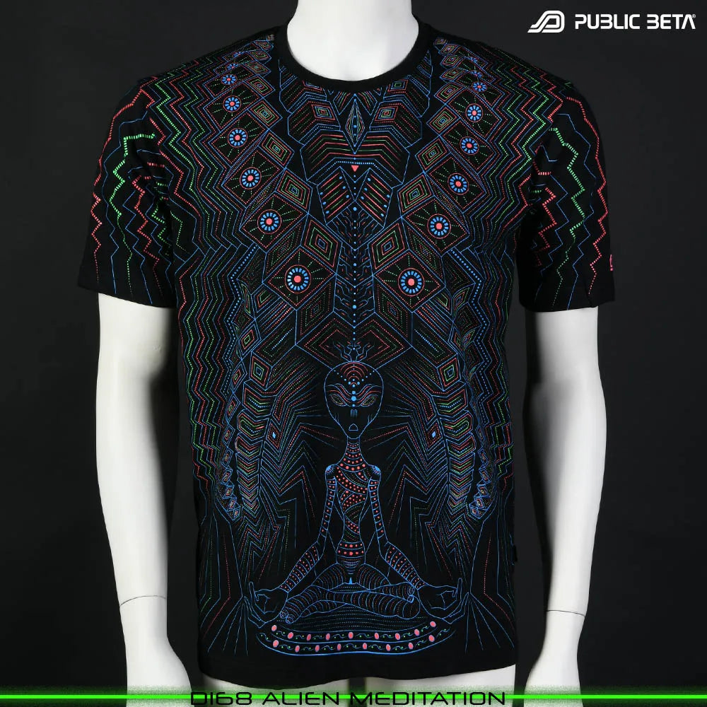 T-shirt ith UV-reactive psychedelic art print, photographed in natural light