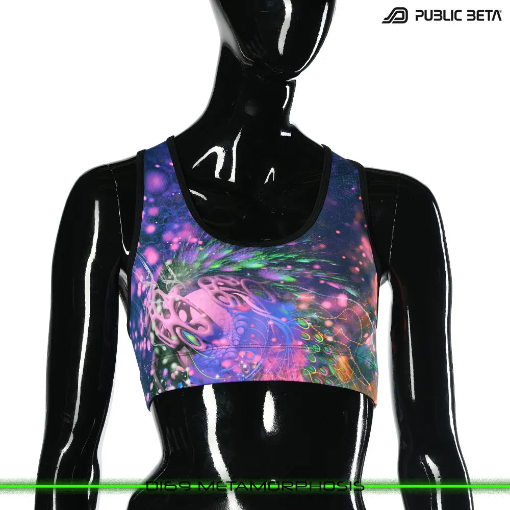 Active top with UV-reactive printed graphics, photographed in natural light