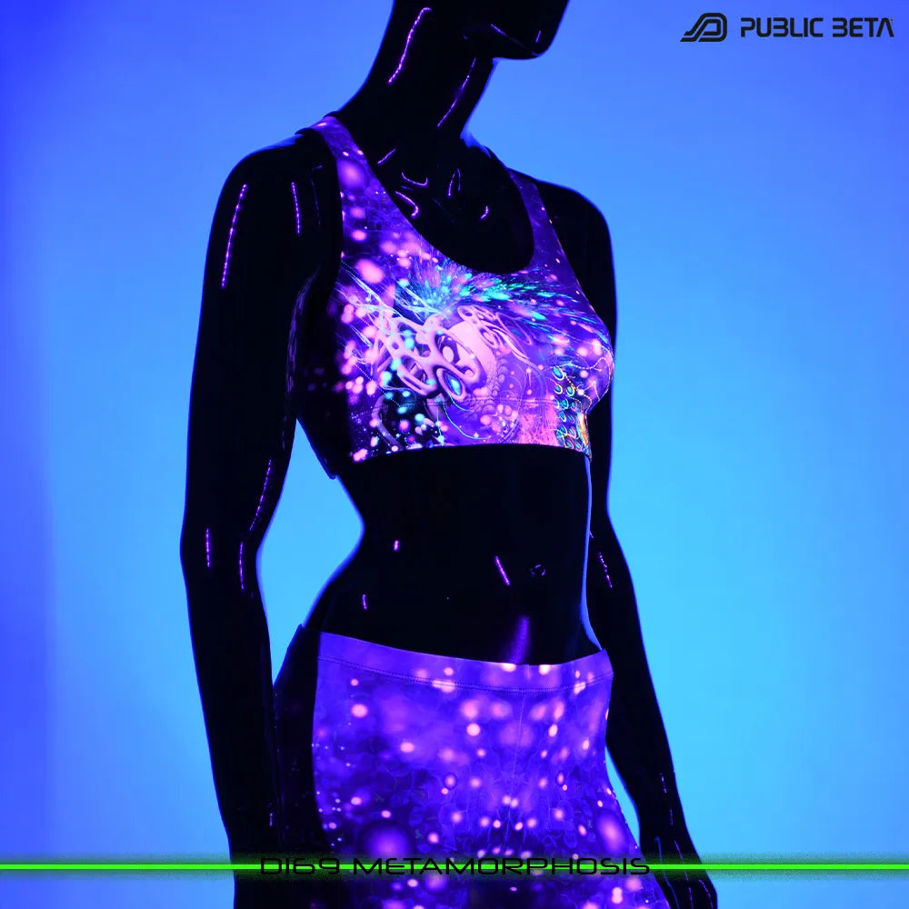 Active top with UV-reactive psychedelic print glowing under blacklight