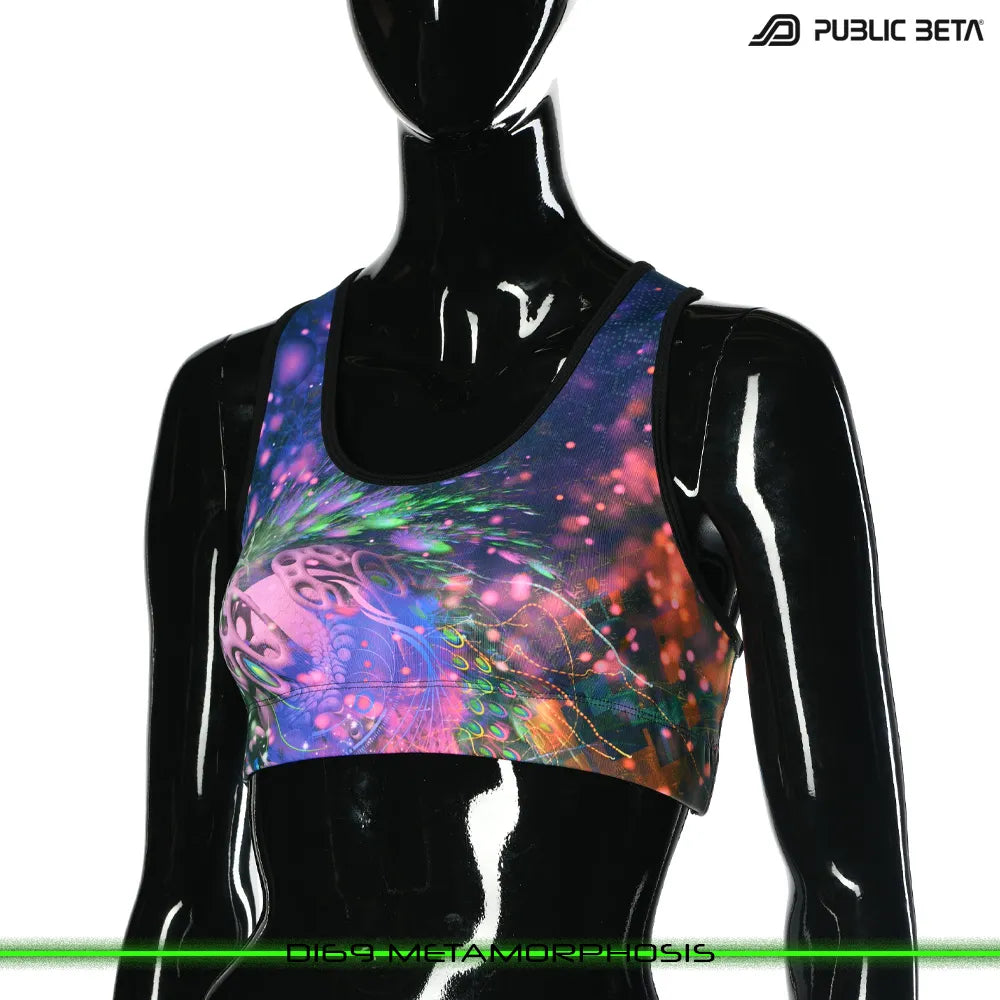 Active top with UV-reactive printed graphics, photographed in natural light