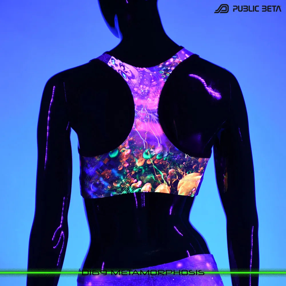 Active top with UV-reactive psychedelic print glowing under blacklight