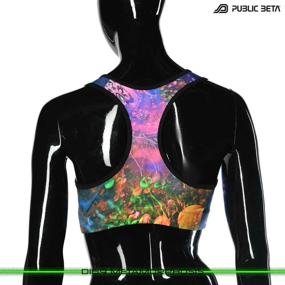 Active top with UV-reactive printed graphics, photographed in natural light