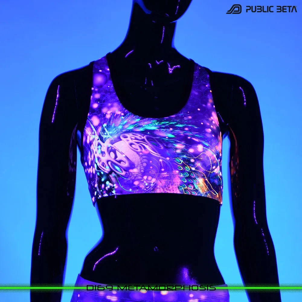 Active top with UV-reactive psychedelic print glowing under blacklight