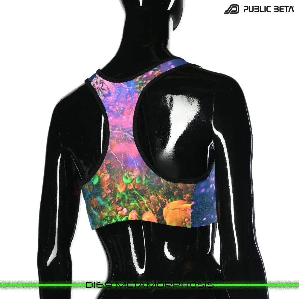 Active top with UV-reactive printed graphics, photographed in natural light