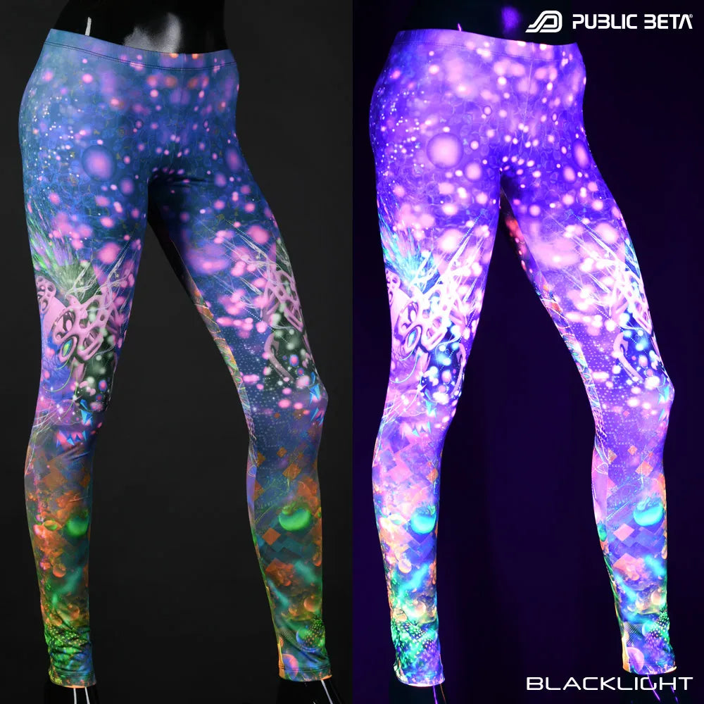 Split image of leggings with uv-reactive psychedelic art print shown in natural light and glowing under blacklight