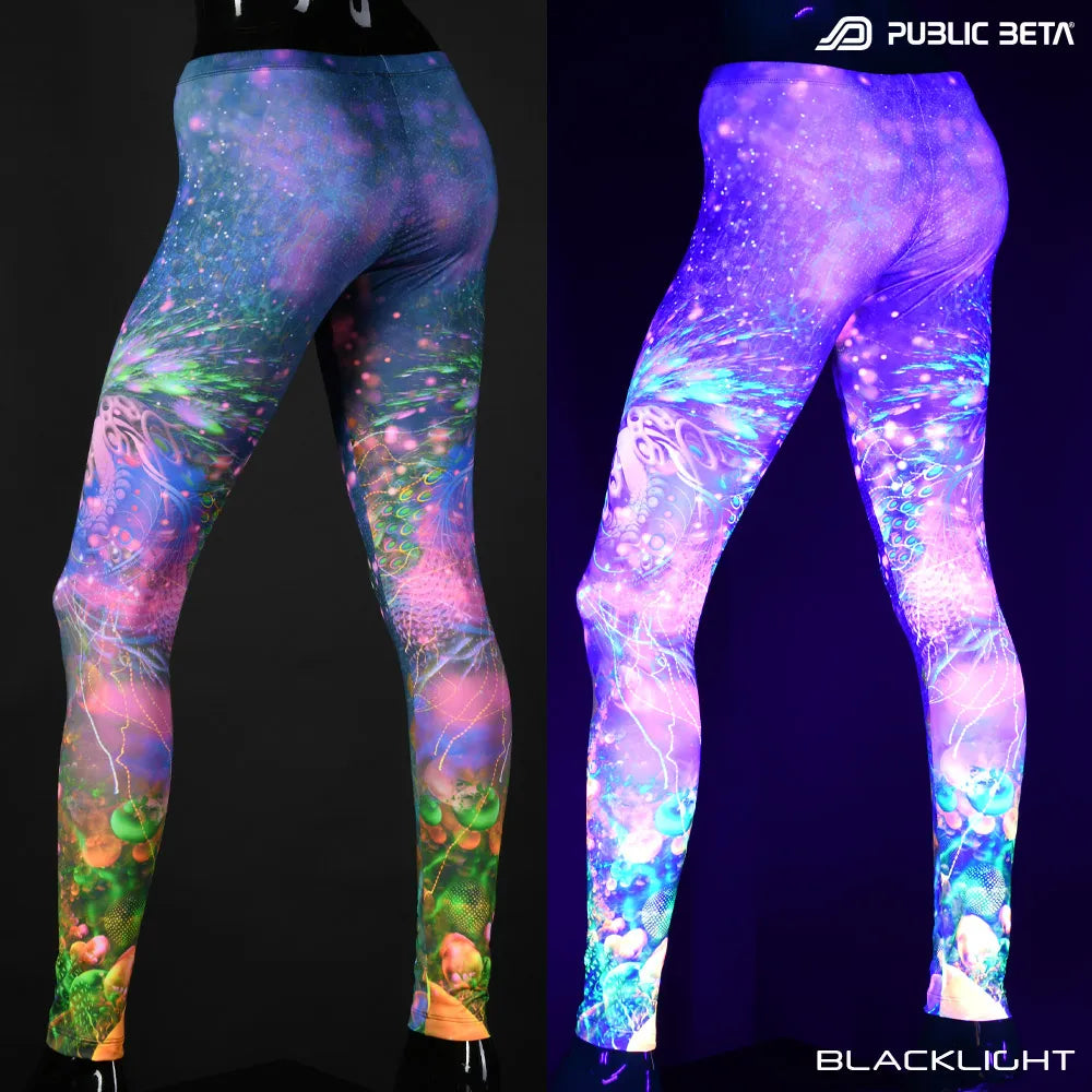 Split image of leggings with uv-reactive psychedelic art print shown in natural light and glowing under blacklight
