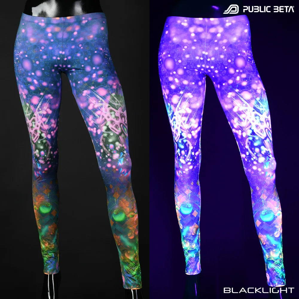 Split image of leggings with uv-reactive psychedelic art print shown in natural light and glowing under blacklight