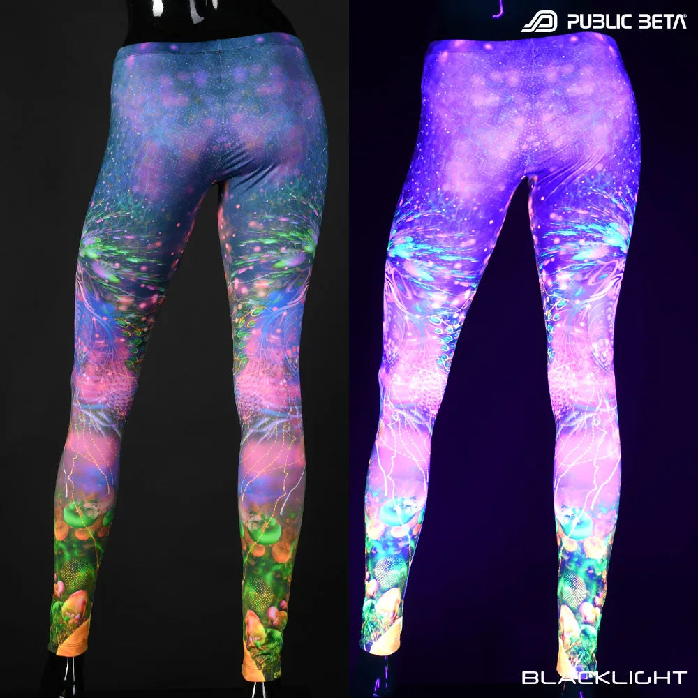 Split image of leggings with uv-reactive psychedelic art print shown in natural light and glowing under blacklight